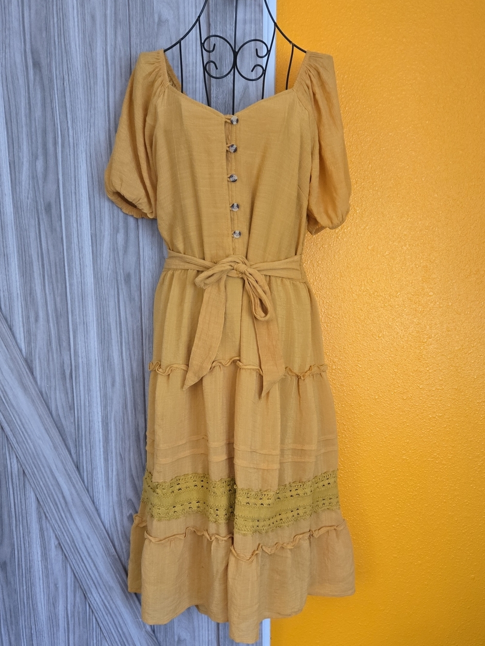 Tie-Waist Mustard Yellow Midi Dress with Button Front